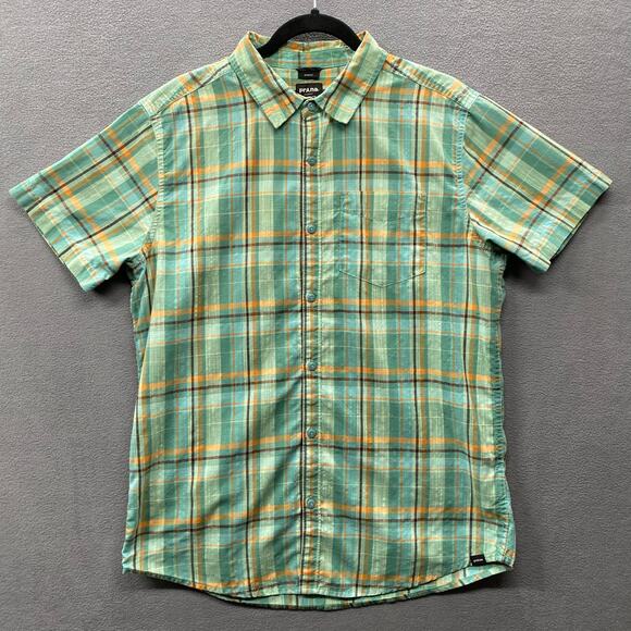 prAna Groveland Shirt Slim Fit Mens M Green Organic Cotton Plaid Button Down - Picture 1 of 11
